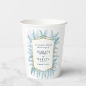 Winterblaue immergrüne Blattwasserfarbenhochzeit Pappbecher (Rückseite)