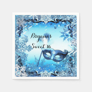 Winterblaue Maskerade-Maske & Schneeflocken Elegan Serviette