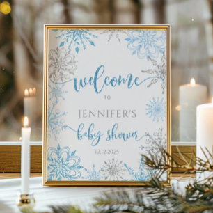Winterblaue Silberschneeflocken Babydusche Willkom Poster