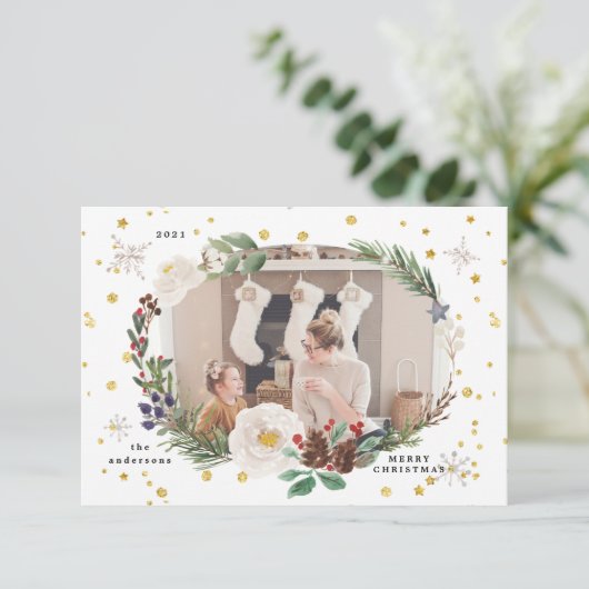 Winterblumenkranz Foto Gast-Urlaubskarte Einladung (Stehend Vorderseite)