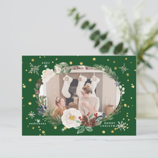 Winterblumenkranz Foto Gast-Urlaubskarte Einladung (Stehend Vorderseite)