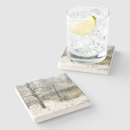 Winterbrücke Aquarellmalerei Steinuntersetzer (Seitenansicht)