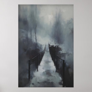 Winterbrücke über gefrorenen Bach, gotisch schneeb Poster