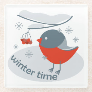 Winterbullfinkenvogel und Rowan Beeren Glasuntersetzer