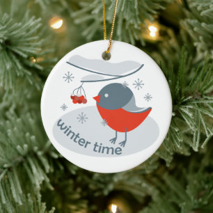 Winterbullfinkenvogel und Rowan Beeren Keramik Ornament