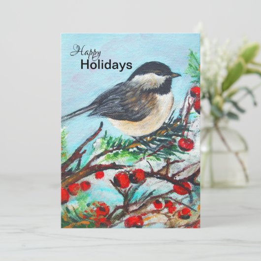 Winterchickade mit Berries Feiertagskarte (Stehend Vorderseite)