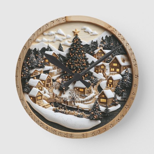 Winterdorf-Erbe mit festlichen Lichtern Runde Wanduhr (Vorderseite)