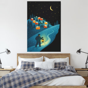 Winterdorf-Laternenweg-Nacht-Wrapped-Canvas A Leinwanddruck