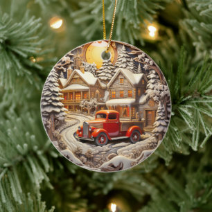 Winterdorf & Lieferwagen LKW Weihnachtsfeiertag Keramik Ornament