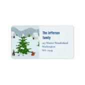 Winterdorf mit Schnee, Hase, Eichhörnchen und Kief Adressaufkleber (Vorne)