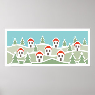 Winterdorf, rote Dachhäuser Sonderposter Poster