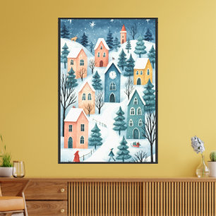 Winterdorf – Sternenhimmel-Schneeszene-Wandkunst Leinwanddruck