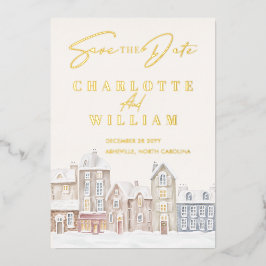 Winterdorf Town Snow Holiday Save the Date Folieneinladung