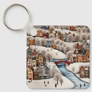 Winterdorfszene Cozy Schneestadt Schlüsselanhänger