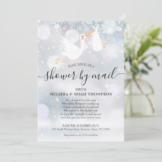 Winterdusche mit der Post lange Entfernung rosa Einladung (Stehend Vorderseite)