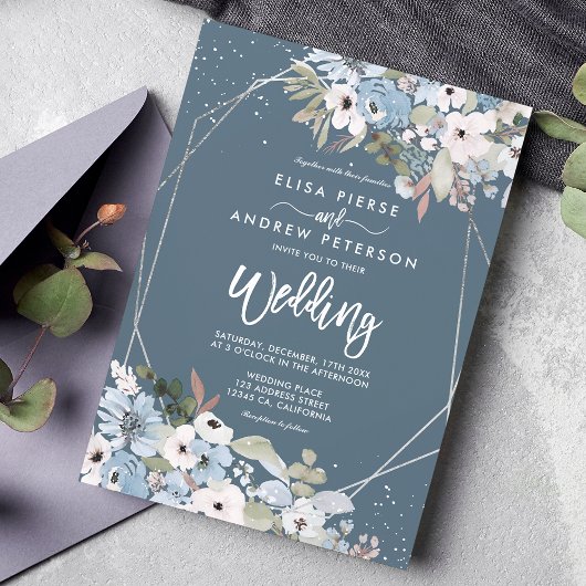 Winterdusty blauen Blumen Silber Foto Hochzeit Einladung