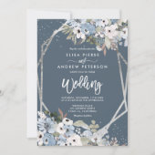 Winterdusty blauen Blumen Silber Foto Hochzeit Einladung (Vorderseite)