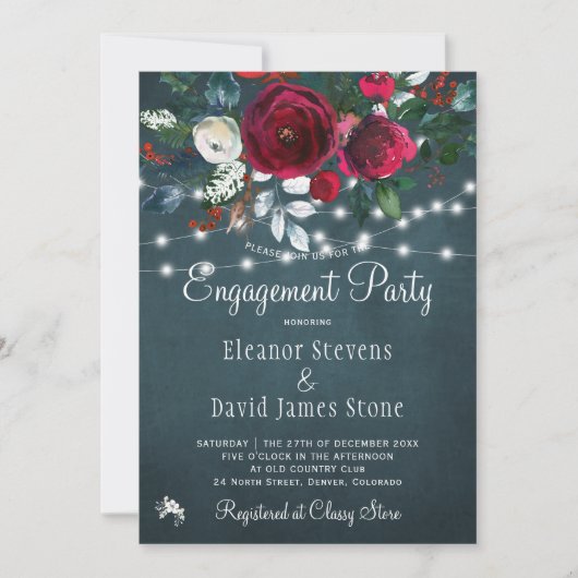 Winterelegante, blumengeschmückte Rustikale Einladung (Vorderseite)