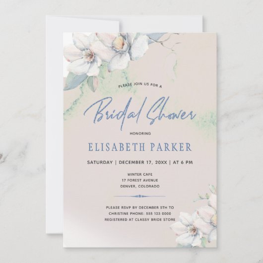 Winterelegantes, blumenfarbenes Brautparty Einladung (Vorderseite)