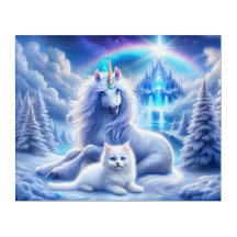 Winterfantasie mit schönem Einhorn und Kitten
