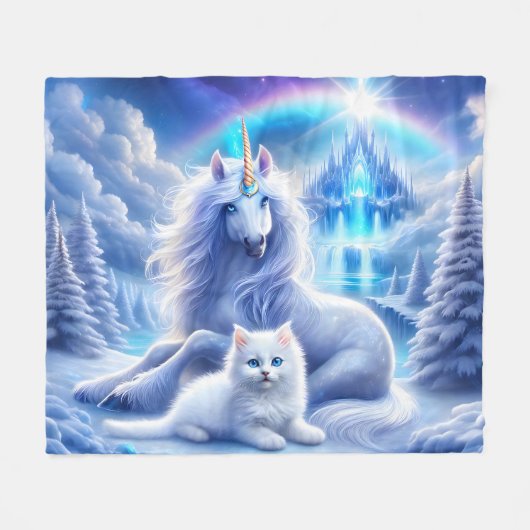 Winterfantasie mit schönem Einhorn und Kitten Fleecedecke (Vorderseite (Horizontal))