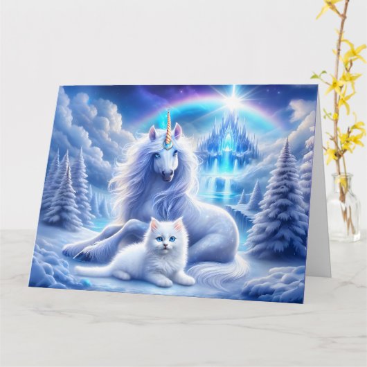 Winterfantasie mit schönem Einhorn und Kitten Karte (Gelbe Blume)
