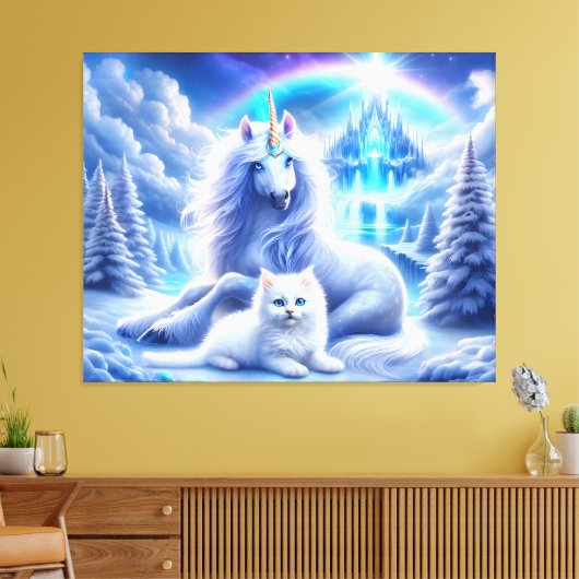 Winterfantasie mit schönem Einhorn und Kitten Leinwanddruck (Insitu (Wohnzimmer))