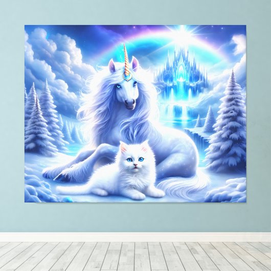 Winterfantasie mit schönem Einhorn und Kitten Leinwanddruck (Insitu (Holzboden))