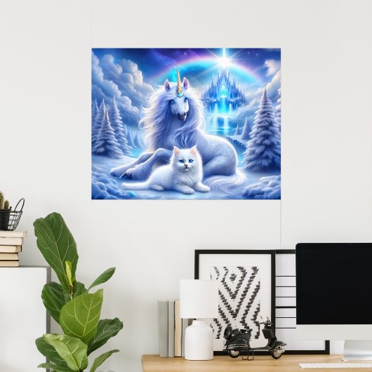 Winterfantasie mit schönem Einhorn und Kitten Poster (Heimbüro)