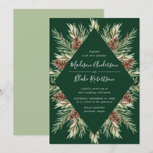 Winterfarben-Kiefer-Kone-Rahmen Grüne Hochzeit Einladung