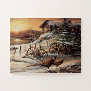 Winterfasan Sonnenuntergang See Cottage Wildes Spi Puzzle