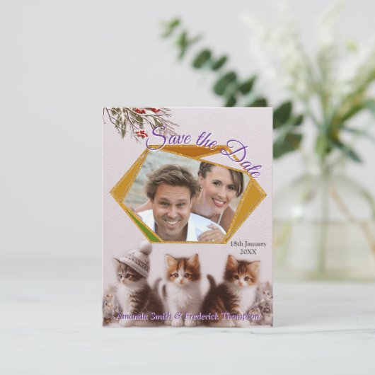 Winterfeiern im Schnee, mit Kätzchen Ankündigung (Stehend Vorderseite)