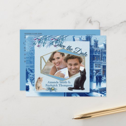 Winterfeiern im Schnee, mit Kätzchen Ankündigungspostkarte (Vorderseite/Rückseite Beispiel)