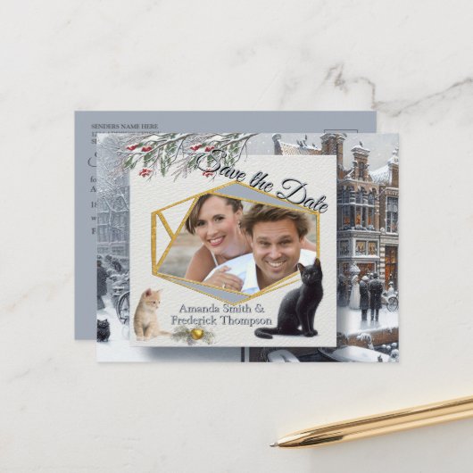 Winterfeiern im Schnee, mit Kätzchen Ankündigungspostkarte (Vorderseite/Rückseite Beispiel)