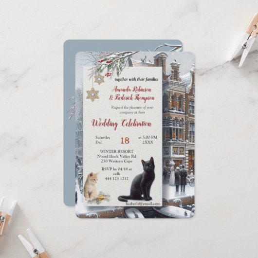 Winterfeiern im Schnee, mit Kätzchen Einladung (Vorderseite/Rückseite Beispiel)