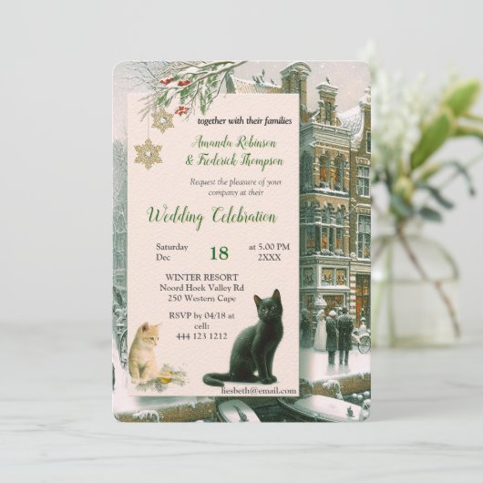 Winterfeiern im Schnee, mit Kätzchen Einladung (Stehend Vorderseite)