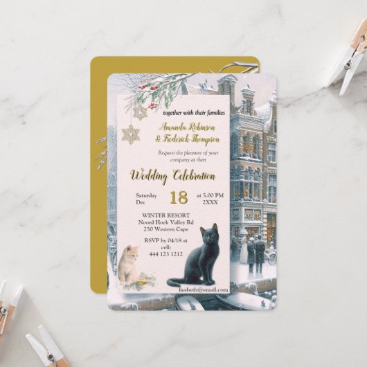 Winterfeiern im Schnee, mit Kätzchen Einladung (Vorderseite/Rückseite Beispiel)