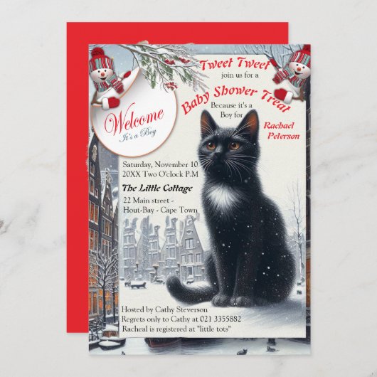 Winterfeiern im Schnee, mit Kätzchen Einladung (Vorne/Hinten)