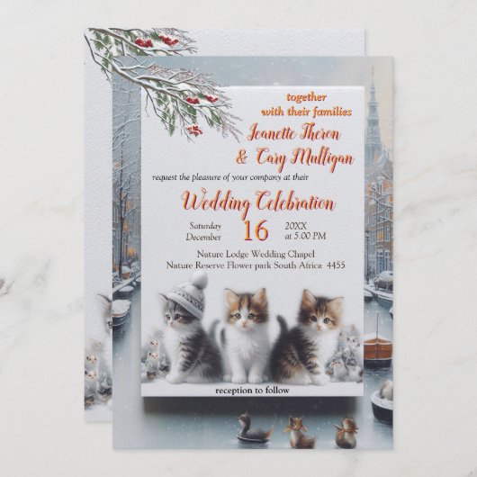 Winterfeiern im Schnee oder in der Sonne. Einladung (Vorne/Hinten)