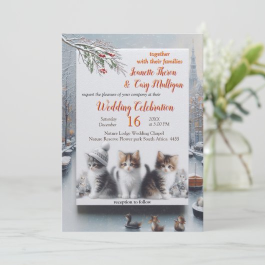 Winterfeiern im Schnee oder in der Sonne. Einladung (Stehend Vorderseite)