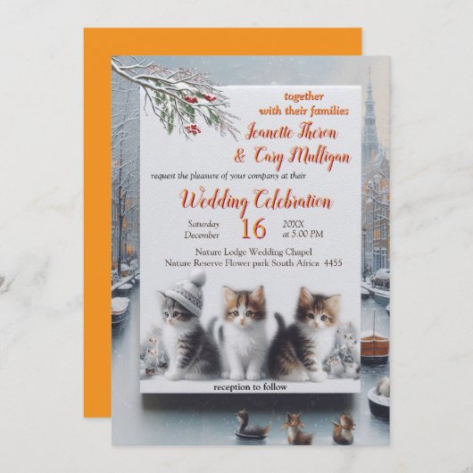 Winterfeiern im Schnee oder in der Sonne. Einladung (Vorne/Hinten)