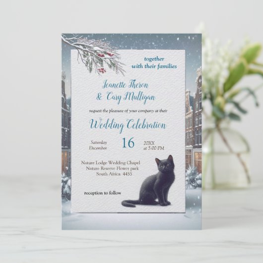 Winterfeiern im Schnee oder in der Sonne. Einladung (Stehend Vorderseite)