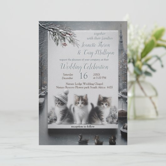 Winterfeiern im Schnee oder in der Sonne. Einladung (Stehend Vorderseite)