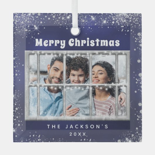 Winterfenster aus blauem Silber-Foto Ornament Aus Glas (Vorderseite)