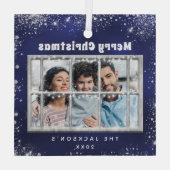 Winterfenster aus blauem Silber-Foto Ornament Aus Glas (Rückseite)