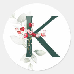 Winterferien MONOGRAMM rote Weihnachtssternbeeren Runder Aufkleber