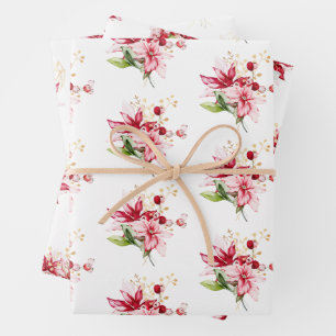 Winterferien rote Poinsettien-Beeren Geschenkpapier Set