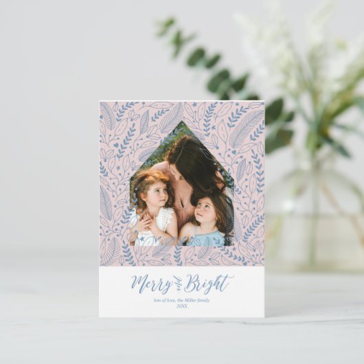Winterfolie | Merry & Bright Holiday Foto Postkarte (Stehend Vorderseite)