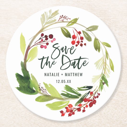 Winterfolien Save the Date Runder Pappuntersetzer (Vorderseite)