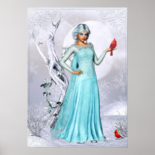 Winterfrau mit Kardinal Birds Fantasy Artwork Poster